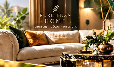Pure Enza Home brand concept with premium sofa and gold interior décor